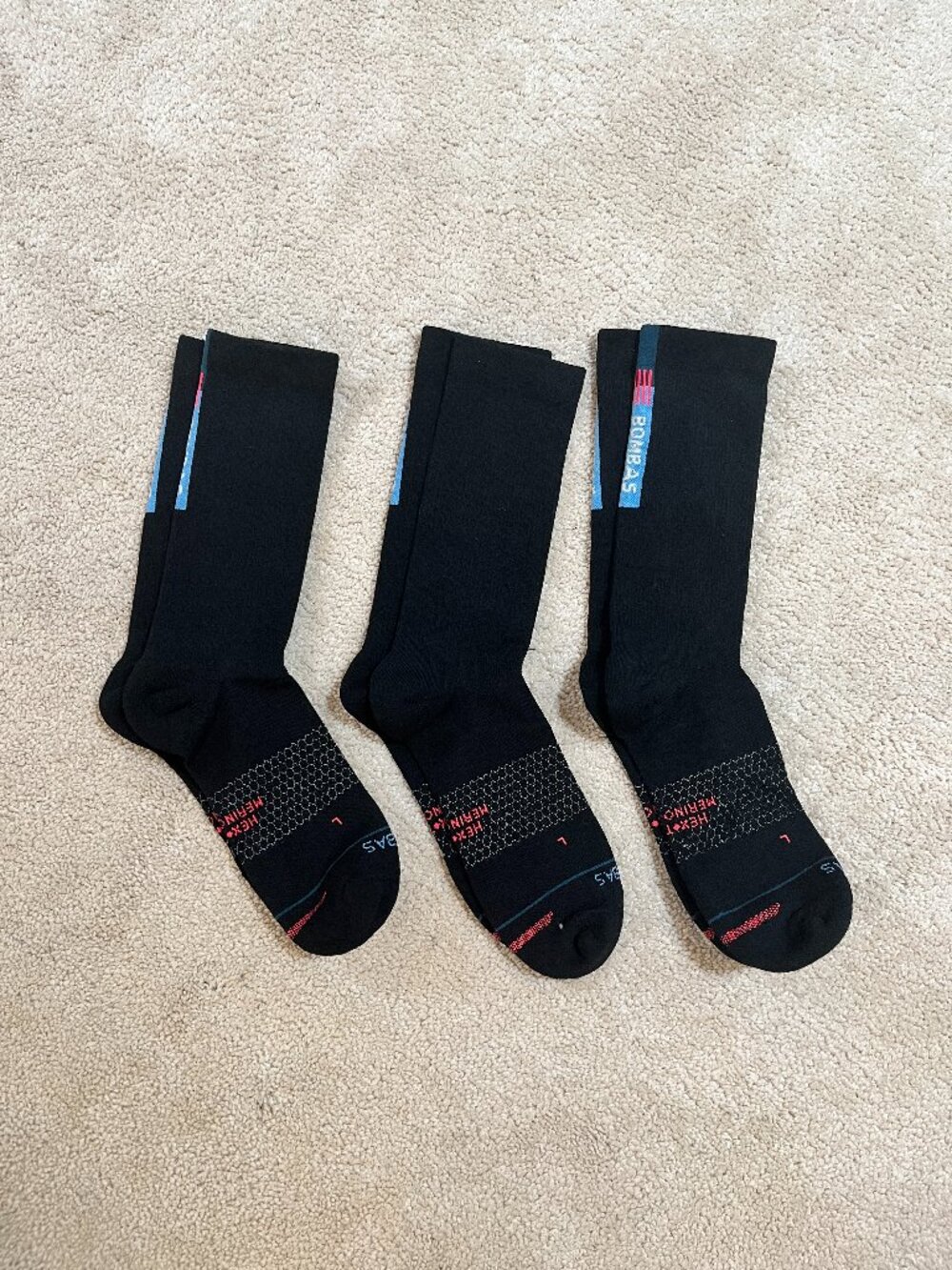 New 3-Pack BOMBAS merino wool Hex Tec Run Midweight Crew Socks Med Unisex Black